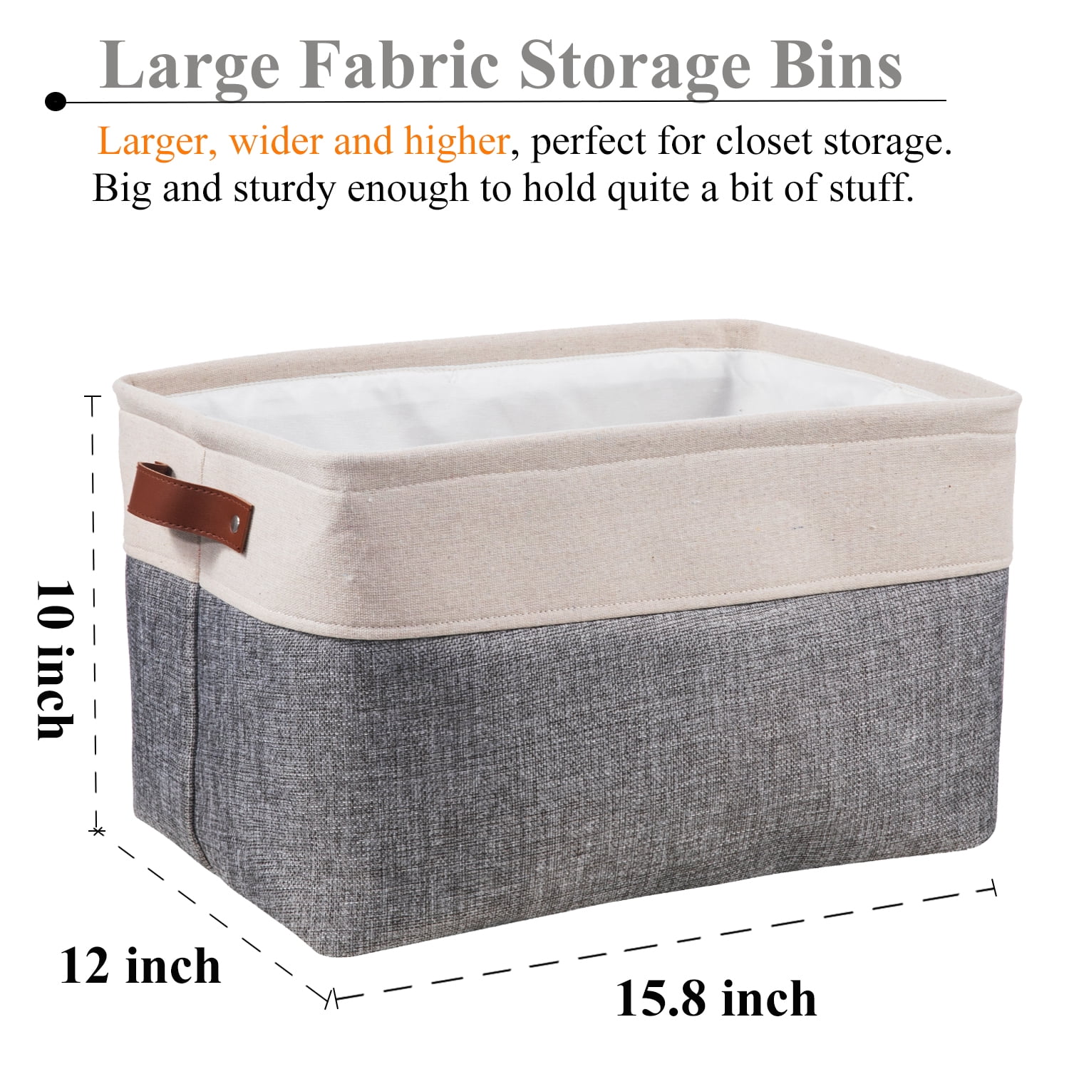 WEHUSE Large Cloth Storage Baskets for Shelf, Collapsible Fabric Closet Storage Bins with Leather Handles, Grey 15.8 L x 12 W x 10 H Inch