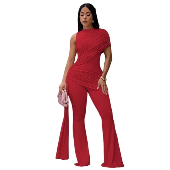 Women's Turtleneck Zipper One-Shoulder Sleeveless Pleated Bandage Asymmetrical Wide-Leg Jumpsuits, Solid Color