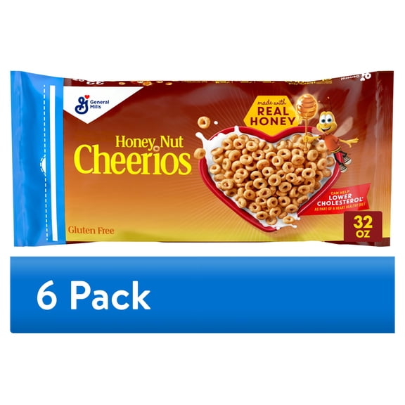(6 pack) Honey Nut Cheerios, Heart Healthy Gluten Free Breakfast Cereal, Resealable Bag, 32 oz