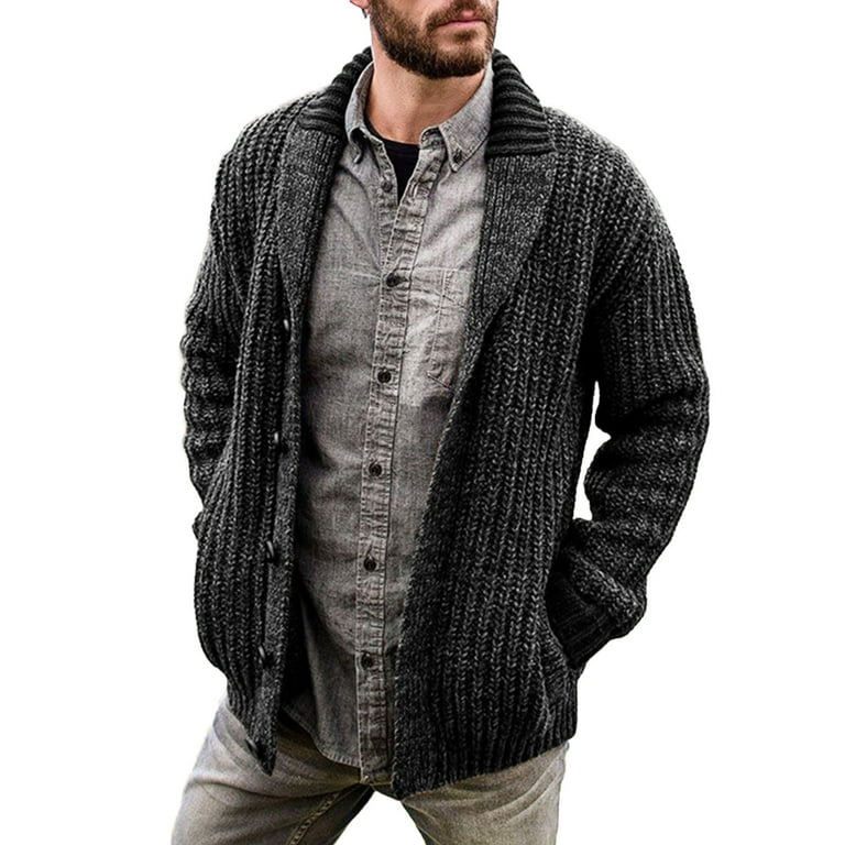 Grey Mens Cable Knit Cardigan Sweater Shawl Collar Loose Fit Long