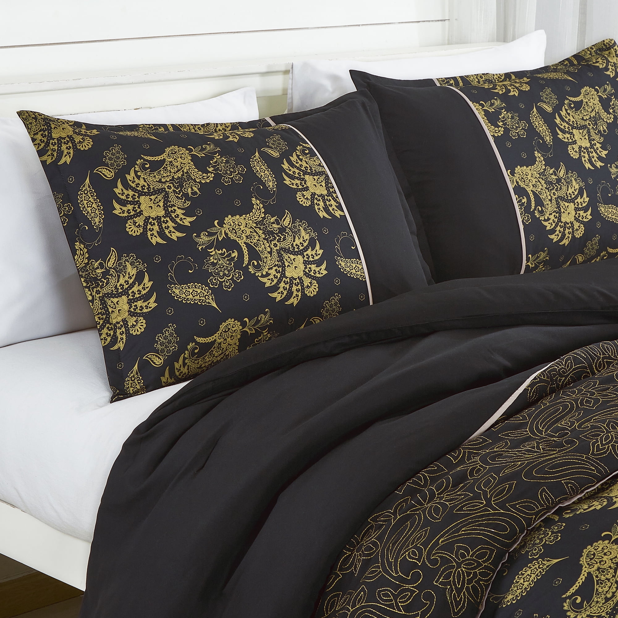 Luxury 7-Piece Black and Gold Floral Comforter Set, Elegant Embroidered Bedding with Decorative Pillows, Queen