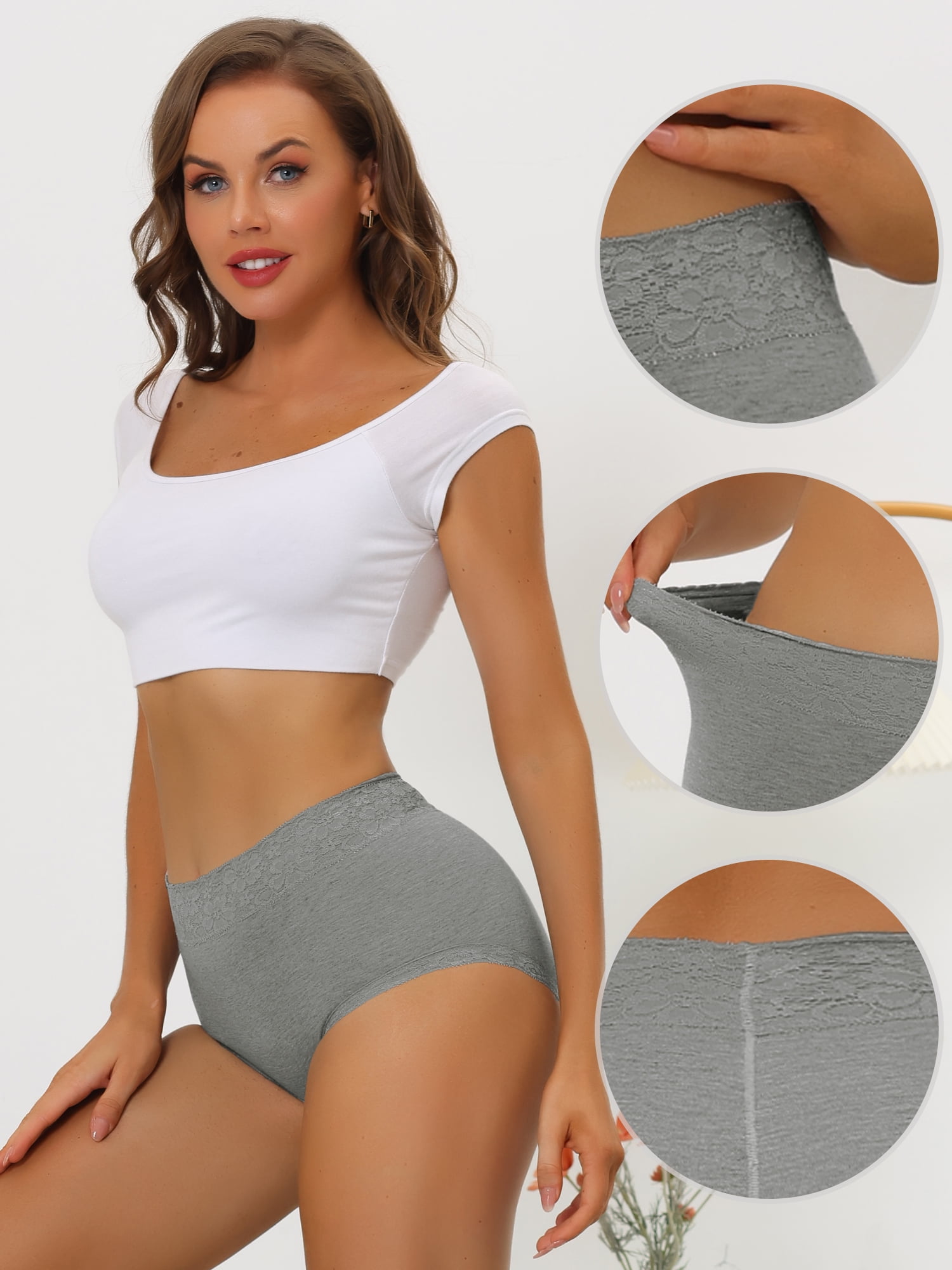 DARING DIVA Women's Cotton High-Lace Trim Tummy Full Coverage Brief Panties XL Gray