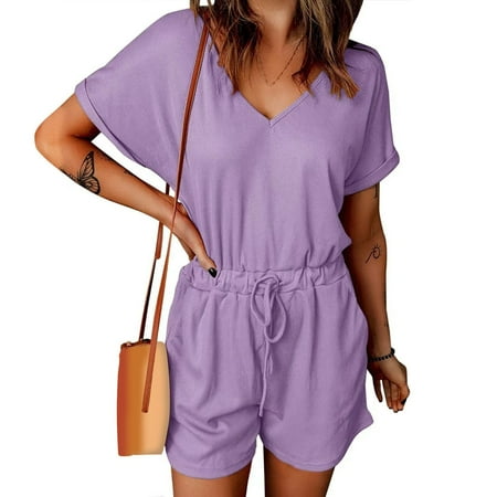 

Yuwegr Jumpsuits For Women Loose Dressy Casual Jumpsuit With Pocket V-neck Stretchy Summer Rompers Bodysuit Purple L