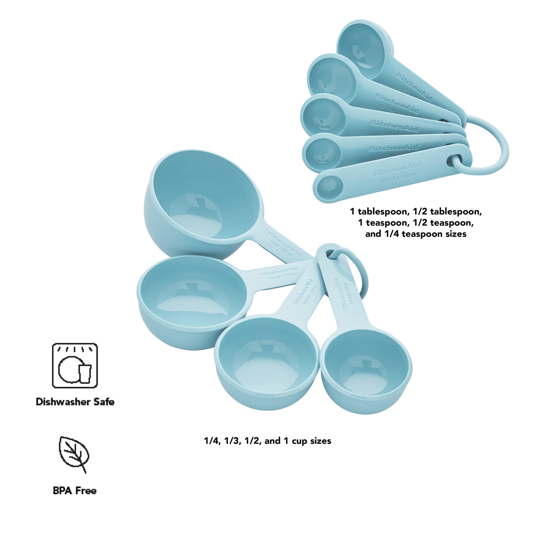 KitchenAid 9-Piece Plastic Stackable Measuring Cup and Spoons Set for Cooking, Mineral Water