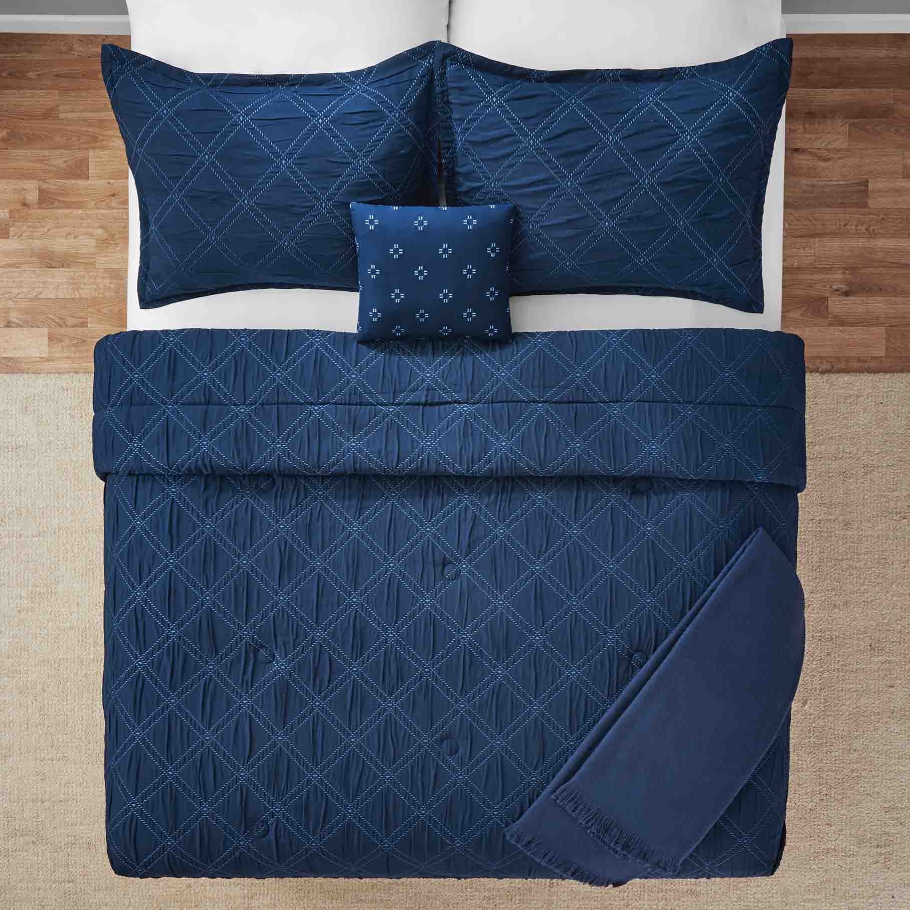Mainstays 5-Piece Reversible Comforter Set Navy Cross Stitch Bedding with Decor Pillow and Throw, King
