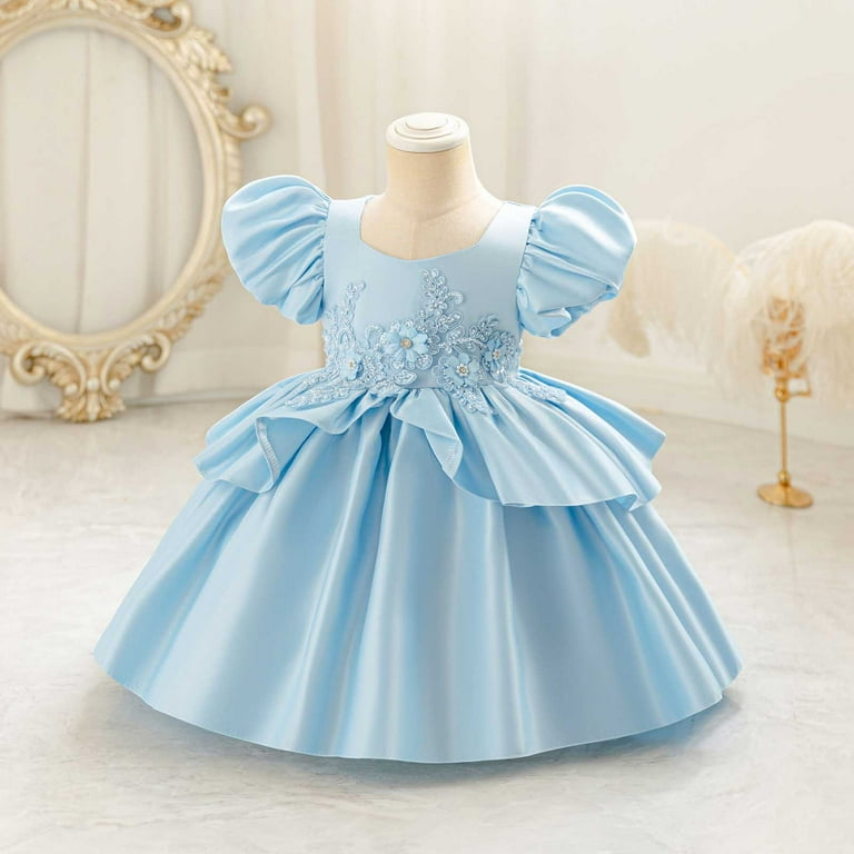 vokkrv Girls Party Dress Vintage Sleeveless Satin Festival Pageant Frocks Kids Wedding Flower Girl Bridesmaid Dresses Blue 4-5 Years, Girl's