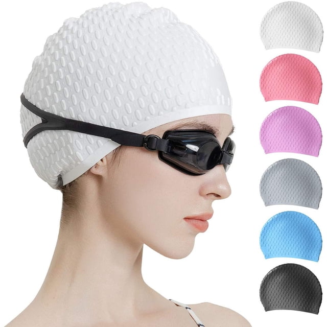 Gorro de natación de silicona, gorro de baño cómodo, ideal para cabello rizado, corto, medio largo, gorro de natación para mujeres y hombres, gorros de ducha que mantienen el peinado sin cambios Ormromra LRWJ848-7