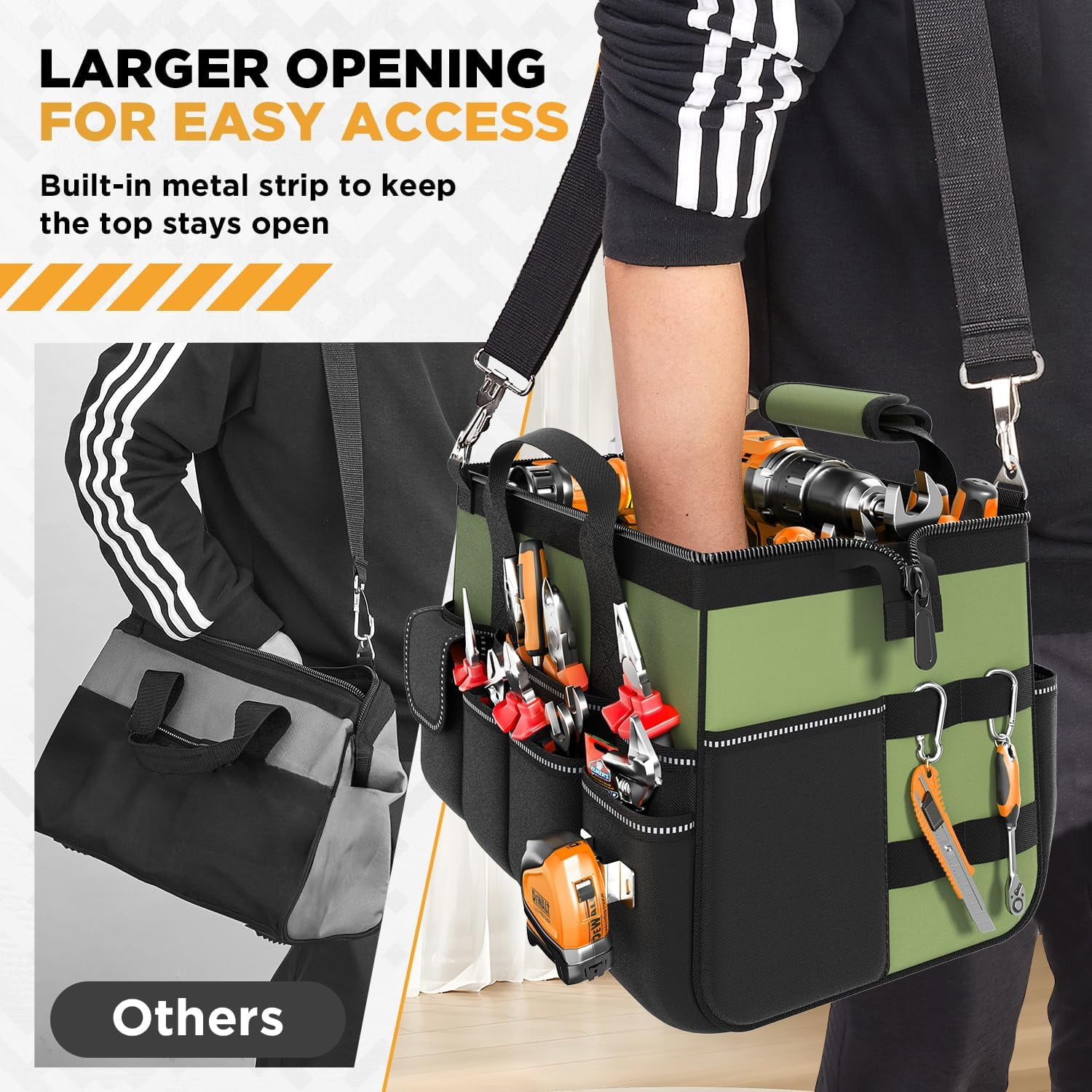 Tool Bag 15.5 Inch with 1 Pouch | 17-Pocket Portable Tool Box Organizer Storage with Adjustable Strap, Soft Handle and Durable Zipper | Heavy Duty Tool Bags for Men, Father’s Day (Green)