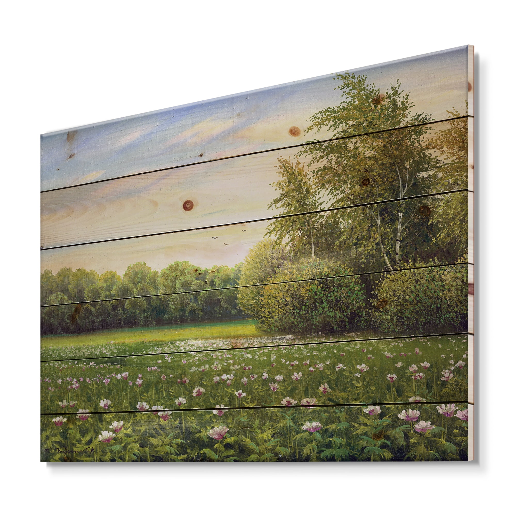 Designart 'Spring Trees By The Flowers and Meadows' Country Print on Natural Pine Wood