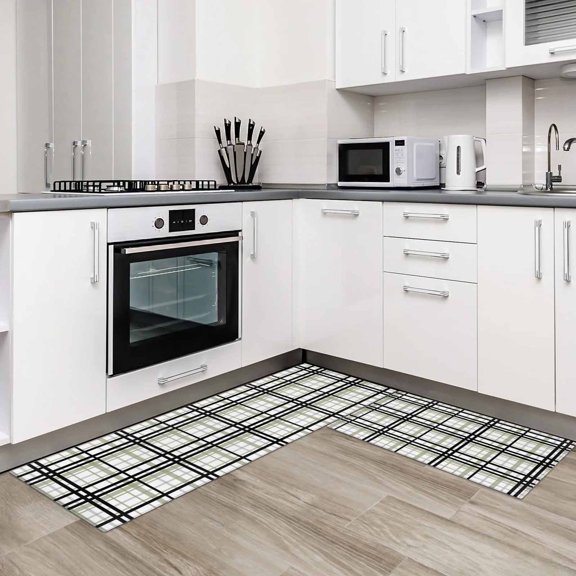 Sage Green Black Plaid 2 Pieces Non-Slip Kitchen Mat Set Farmhouse Green Black Checkered Soft Door Mat with Rubber Backing,Dirtproof Rugs for Entrance Doorway 15.7x23.6in 15.7x47.2in
