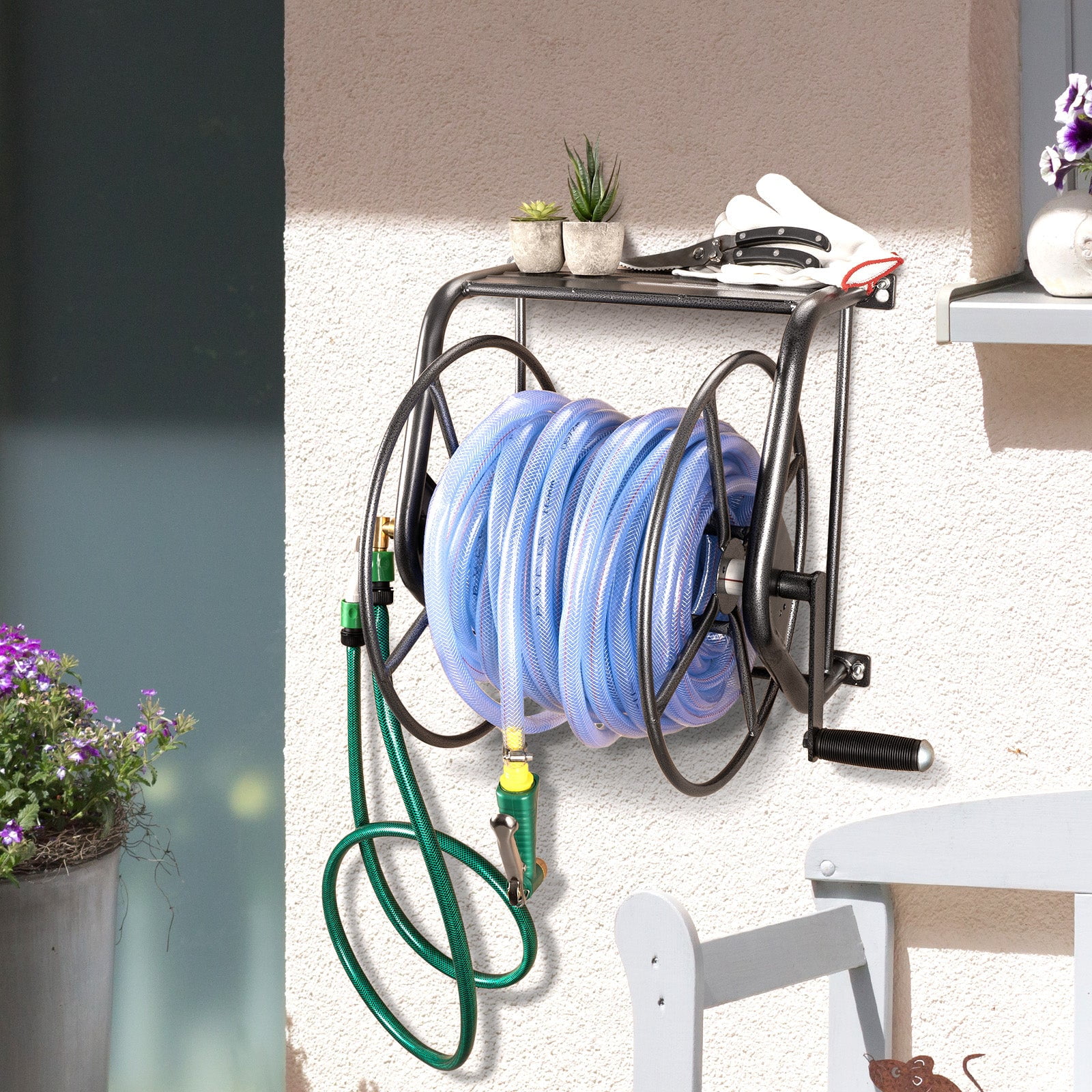 Metal Wall Mounted Hose Reel - Hammertone Grey, 200ft Capacity