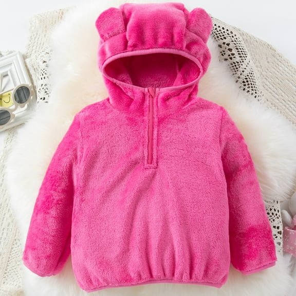 Hotiary Toddler Children Boys and Girls Autumn and Winter Clothing Bear Ears Long Sleeved Hoodie Warm Double-Sided Flannel Coat 1-6T