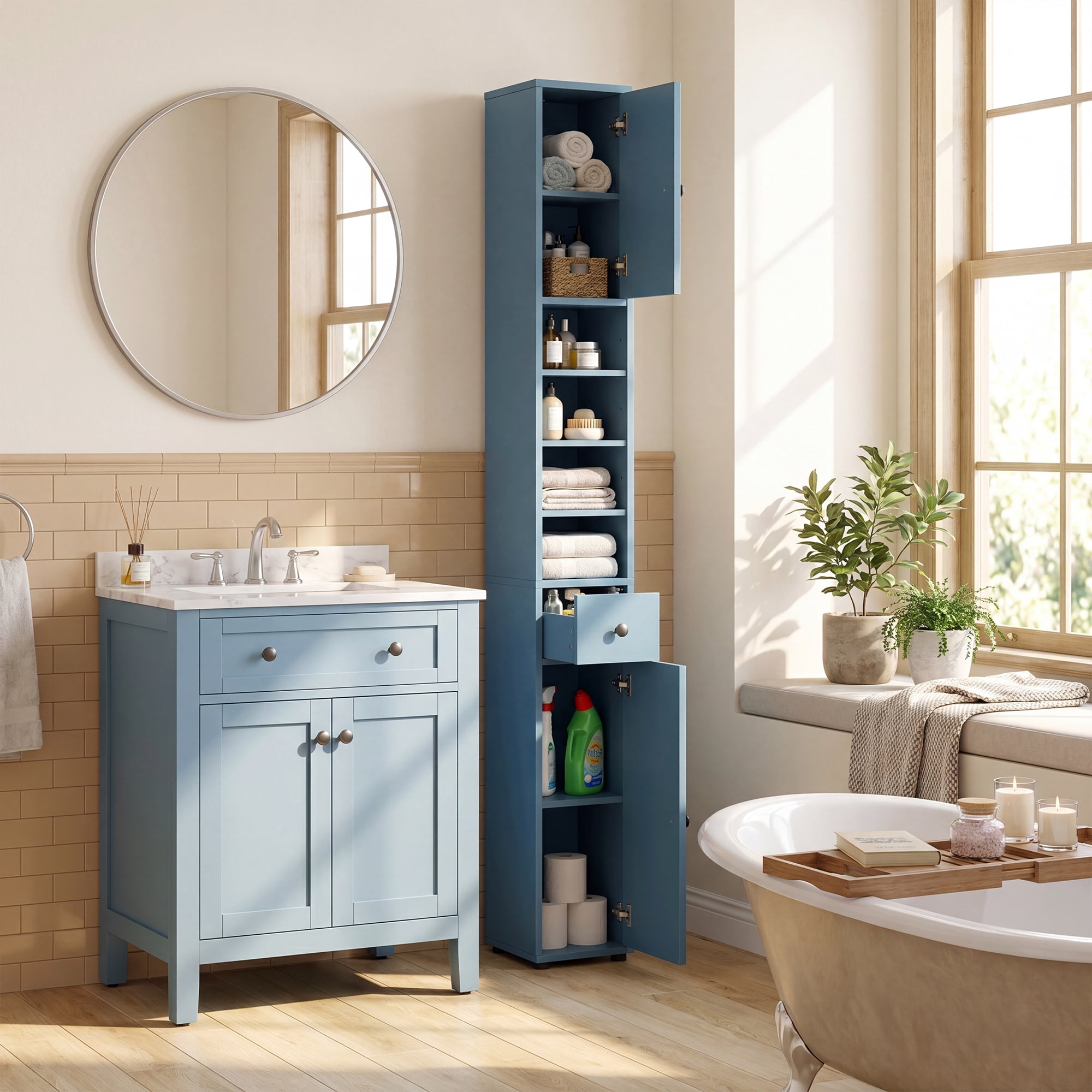 Costway Slim Bathroom Tall Cabinet with 2 Doors, 1 Drawer & 5 Adjustable Shelves for Home Blue