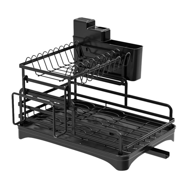 GUOOL 2 Tiersdish Rack Sink Shelf Household with Retractable Drain Pipe Space Saving Black