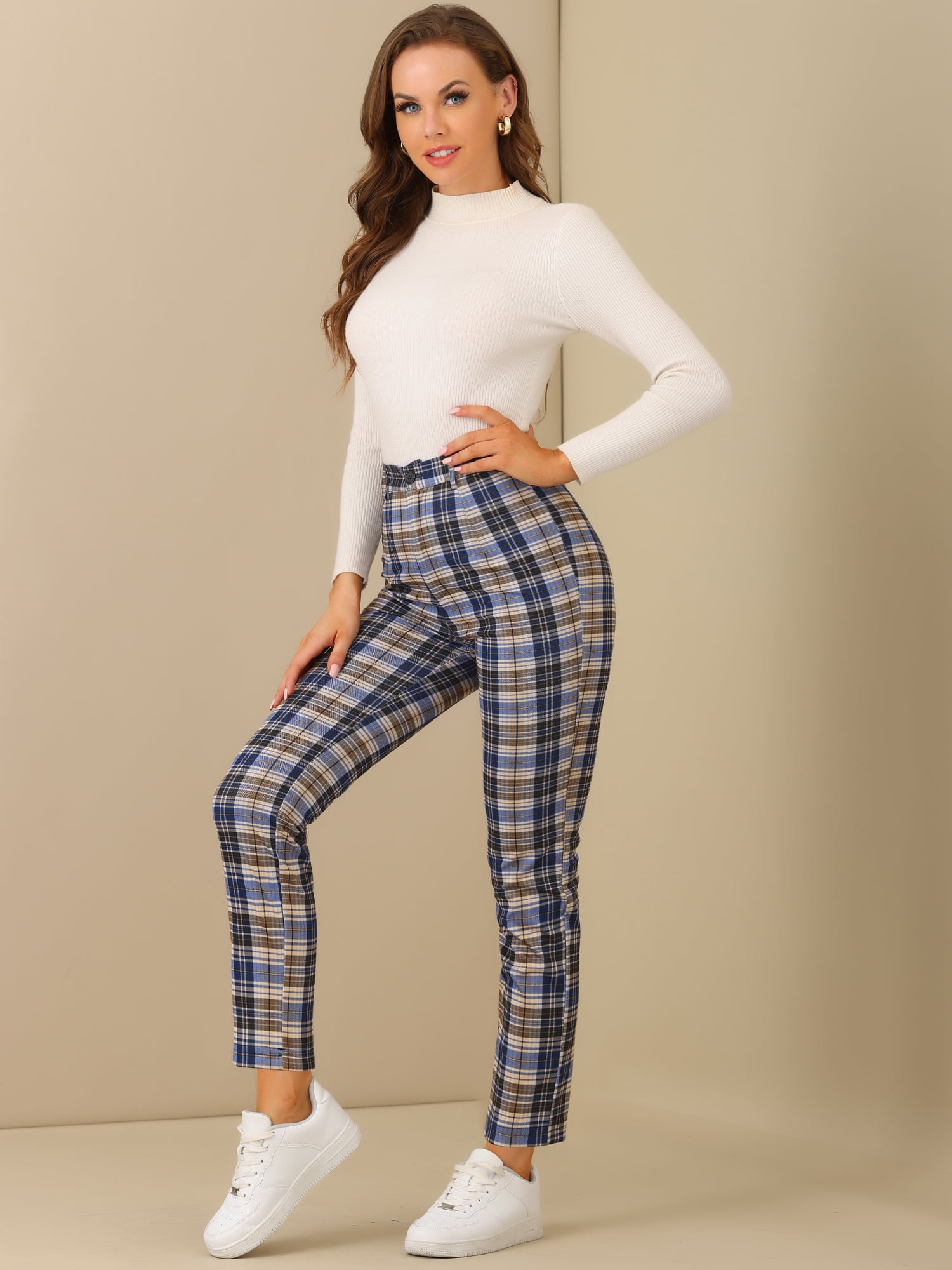 DARING DIVA Women's Plaid Trousers Button Tartan Check Work Pants S Blue