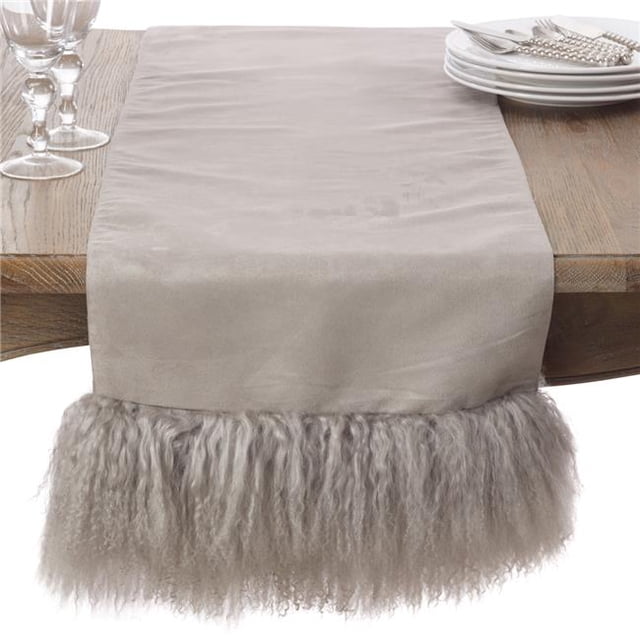 Saro Lifestyle Mongolian Lamb Fur Table Runner 16'' x 72'' Fog Polyester, Lamb Fur