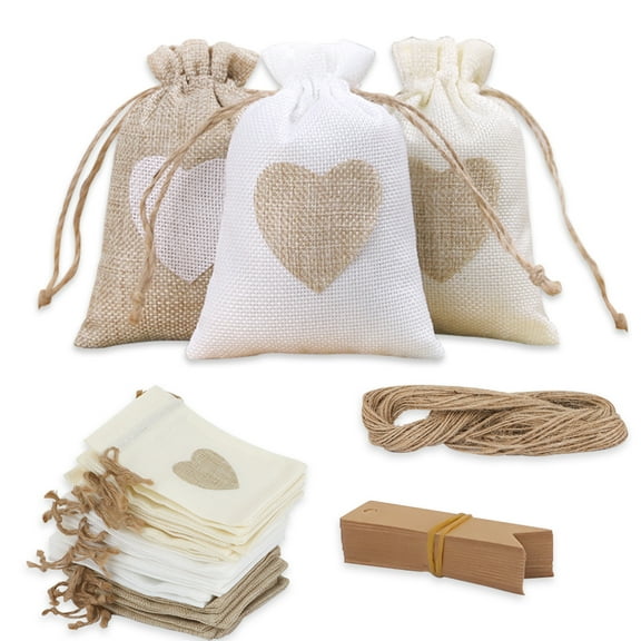 30PCS Heart Burlap Bags with Ropes and Tags , Small Drawstring Linen Candy Pouches Gift Bag for Birthday Valentine's Day Wedding Jewelry Easter Christmas Thanksgivings Halloween (4 x 5.5 Inch)