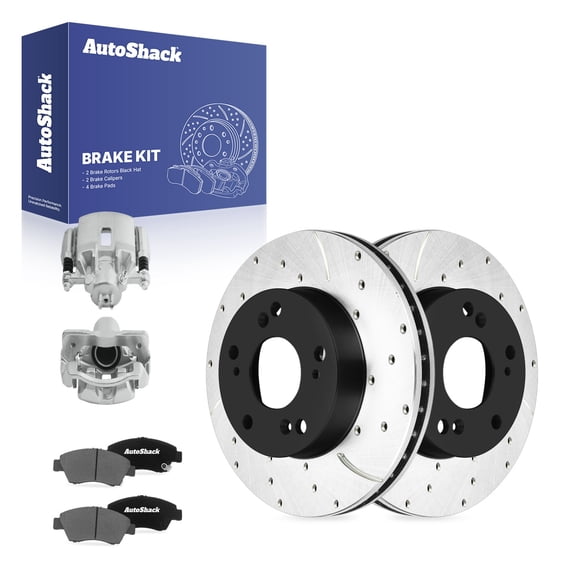 AutoShack Front Vented Drilled & Slotted E-Coated Brake Rotors   Ceramic Pads   Calipers 8-PC Brake Kit Replacement for 2006-2011 Honda Civic ShadowGuard 10.31" (261.9 mm)