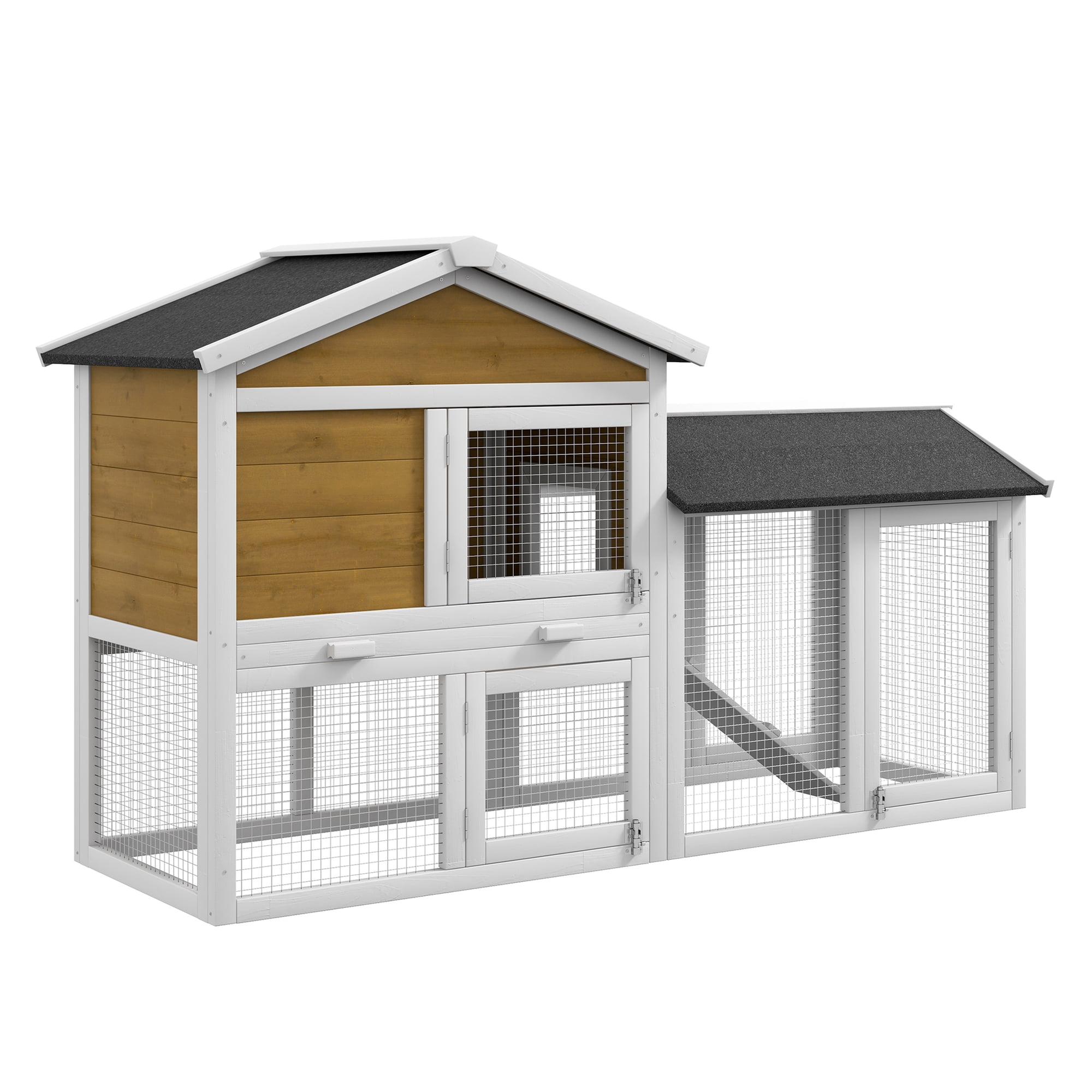 58" Rabbit Hutch Wooden Outdoor Indoor Bunny Cage w/ Run, Asphalt Roof & Tray