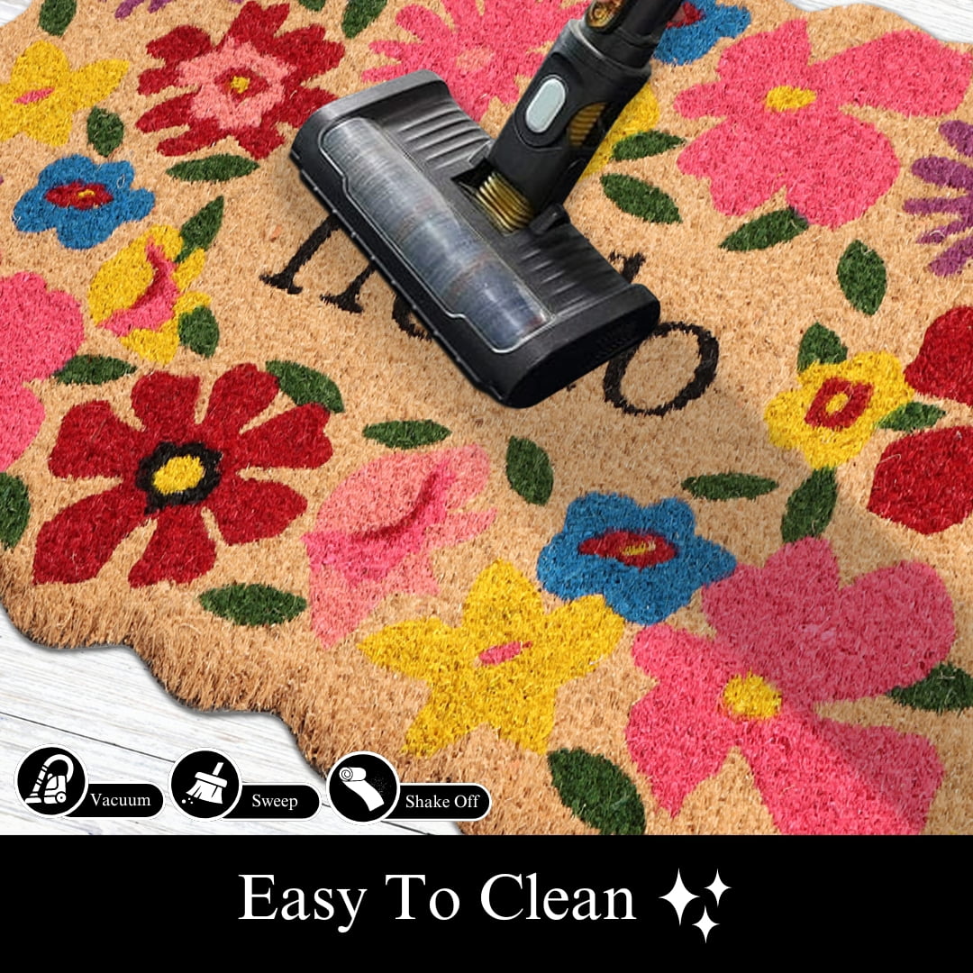 A1HC Natural Coco Coir Doormat, Spring Floral Scalloped Hello, 18"x30", Durable Outdoor Welcome Mat, Non-Slip, Easy to Clean, Pet Friendly
