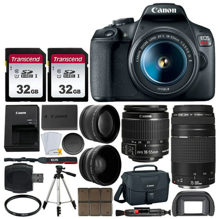 Canon EOS Rebel T7 Digital SLR Camera + EF-S 18-55mm f 3.5-5.6 is II Lens + EF 75-300mm f/4-5.6 III Lens + EOS Shoulder Bag + 32GB Memory Card + 58mm Wide Angle & Telephoto Lens + Tripod + UV