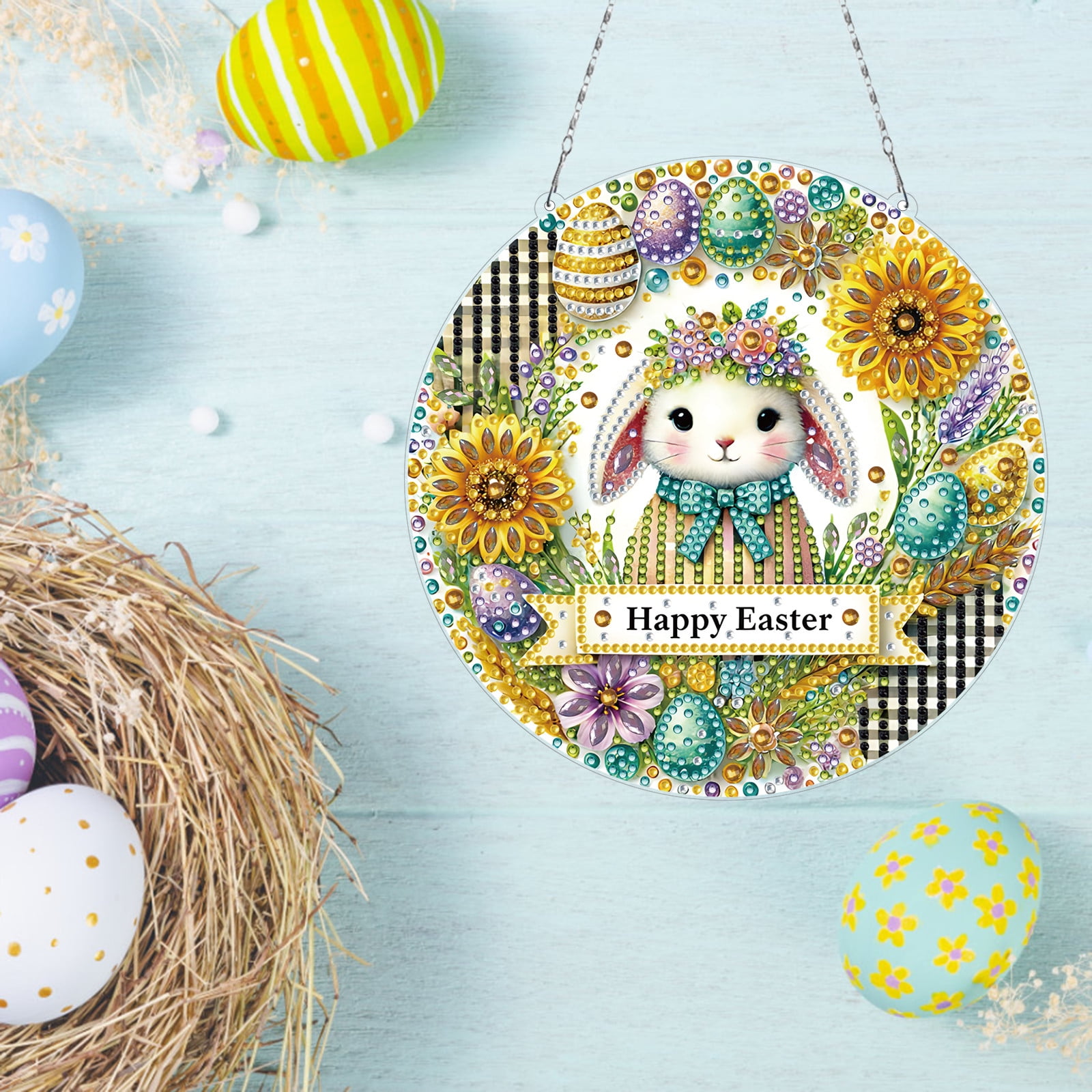FLOPESN Circular Traditional-Style DIY Diamond Art Painting Pendant Easter Creative Design PET Material Home Decor Pendant