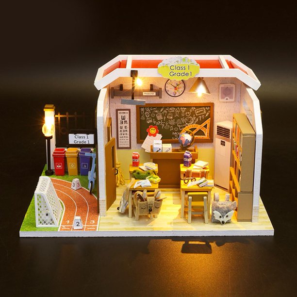 Modelo de aula a prueba de polvo de casa de muñecas de madera DIY para niños de amigos de la familia (A) Ndcxsfigh Nuevos Originales