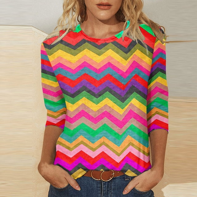 T-shirt Décontracté pour Femmes à Col Rond, Imprimé Coloré de Carnaval, Manches Trois Quarts, Haut, Lot de 3, T-Shirt Rayé à Manches Courtes, Hauts d'Été pour Femmes, Décontracté, T-Shirt de Compression pour Femmes, T-Shirts à Manches Longues