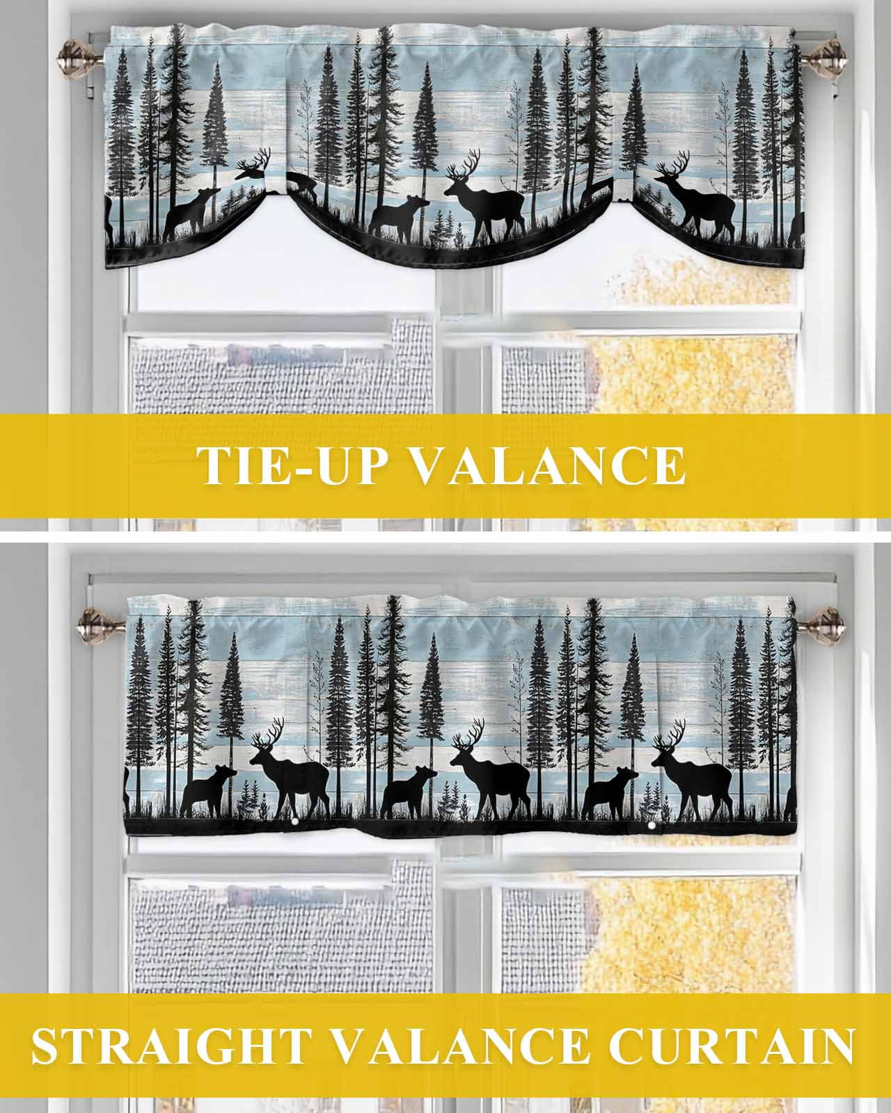 Black Bear Elk Tie Up Valances Curtain, Blue White Wood Grain Forest Animal Nature Kitchen Valances for Windows Decor, Rod Pocket Short Curtains Set for Bedroom/Bathroom, 60"x18"