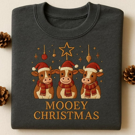 Embroidered Mooey Christmas Cow Sweatshirt, Cute Farm Animal Holiday Tee, Cow Lover Xmas Sweater Alternative Gift