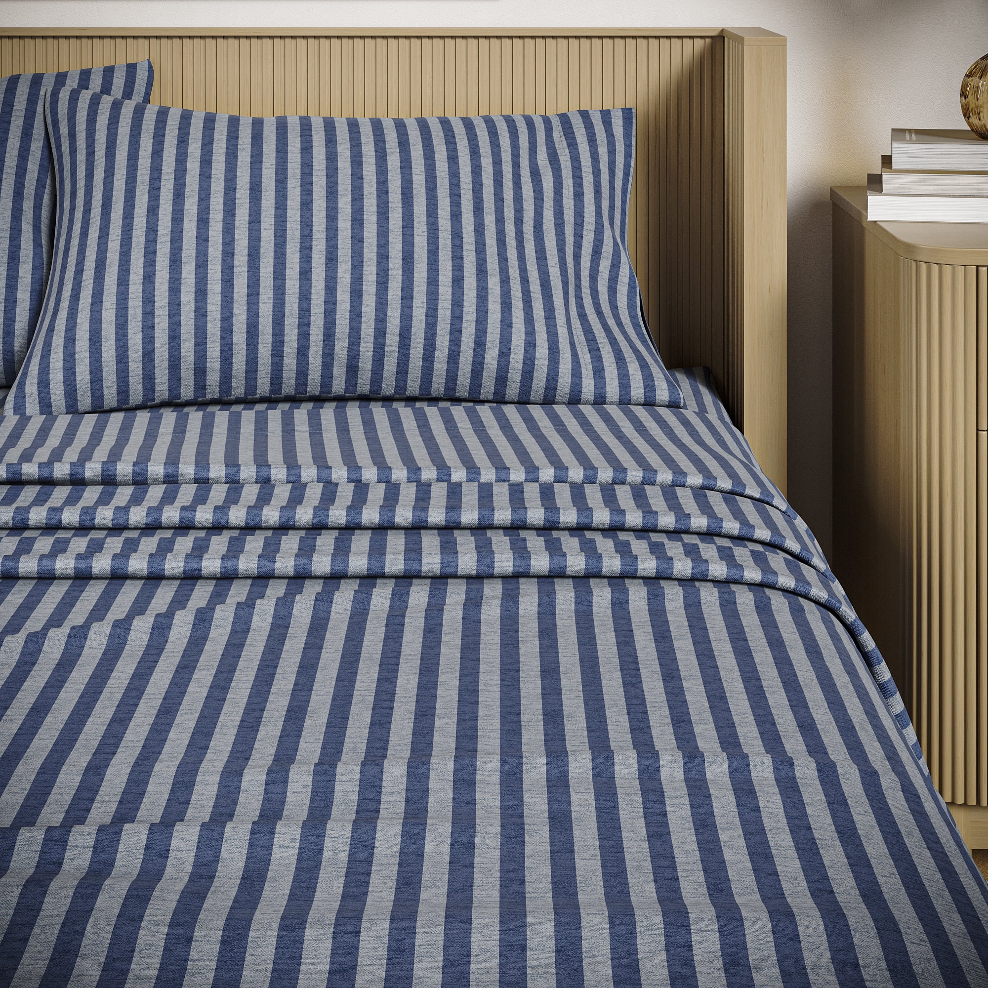 Beautiful Striped 3-Piece 100% Cotton Percale Starry Night Blue Sheet Set, Twin by Drew Barrymore
