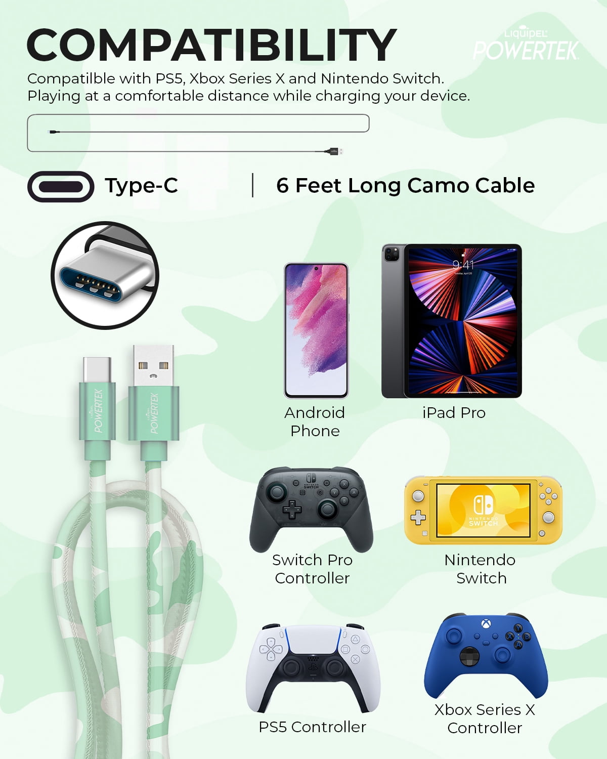 Liquipel Powertek Type C Cable Camo - Green