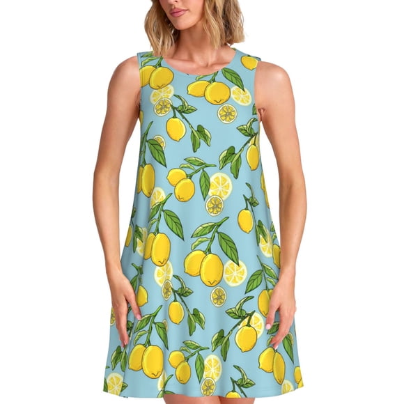 Bixox Lemon (3) Print Women's Sleeveless A-Line Dress with Pockets, Casual Knee-Length Tank Dress for Summer-Medium