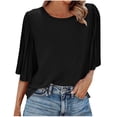 thumbnail image 3 of TaTaai 2026 Spring Summer Solid Color Chiffon Top for Women Round Neck Back Button Pleated Flared Sleeve Five-Quarter Sleeve Casual Blouse Soft Comfy Vacation Gift, 3 of 9