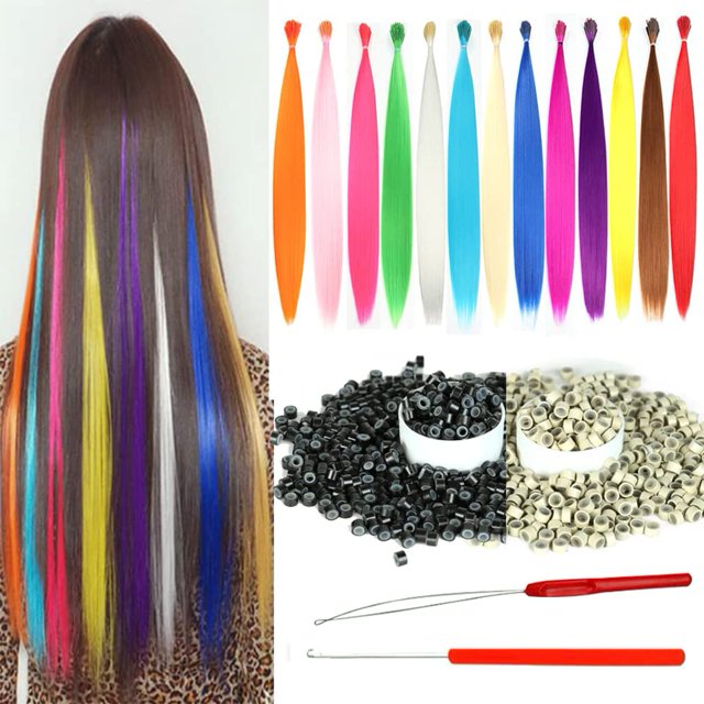 YUDAOHAIR Extensiones de cabello sintético de color para mujer, postizos de 20 pulgadas con 100 cuentas de microenlaces de silicona y 2 ganchos de ganchillo (20 '', 13 colores de mezcla de cabello de