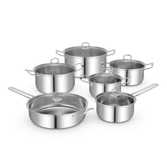 Stainless Steel Pots and Pans Set 12 Piece - Tempered Glass Lids - Kitchen Cookware Set - Induction Compatible - Silver