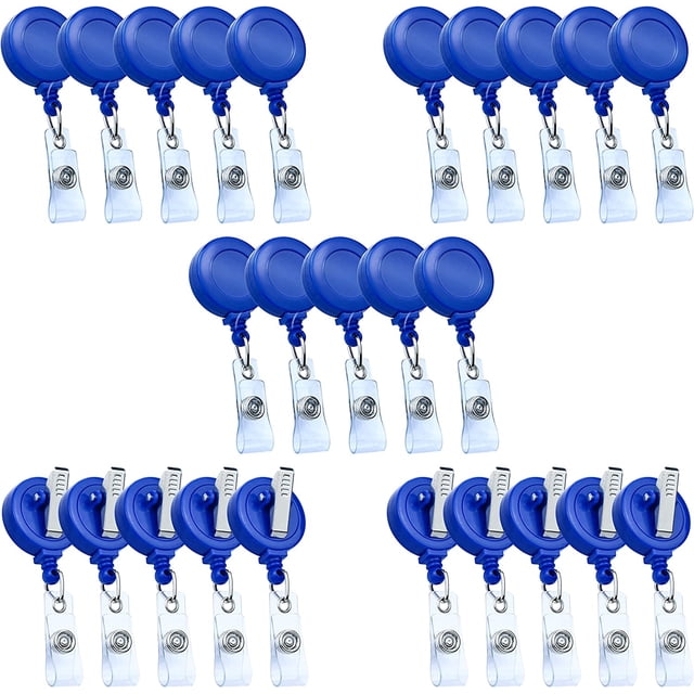 LAICAIW Lot de 25 Moulinets de Badge Rétractables avec Pince, Pinces pour Badges, Moulinet de Badge Rétractable avec Sangle en Vinyle Transparent et Pivot Crocodile, Distributeur Sans Torsion (Bleu), Bl
