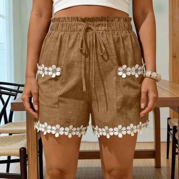 Pounoo Womens Casual Shorts Elastic Waist Drawstring Floral Embroidered Shorts Modern Chic Style Comfortable Versatile Everyday Shorts Gift
