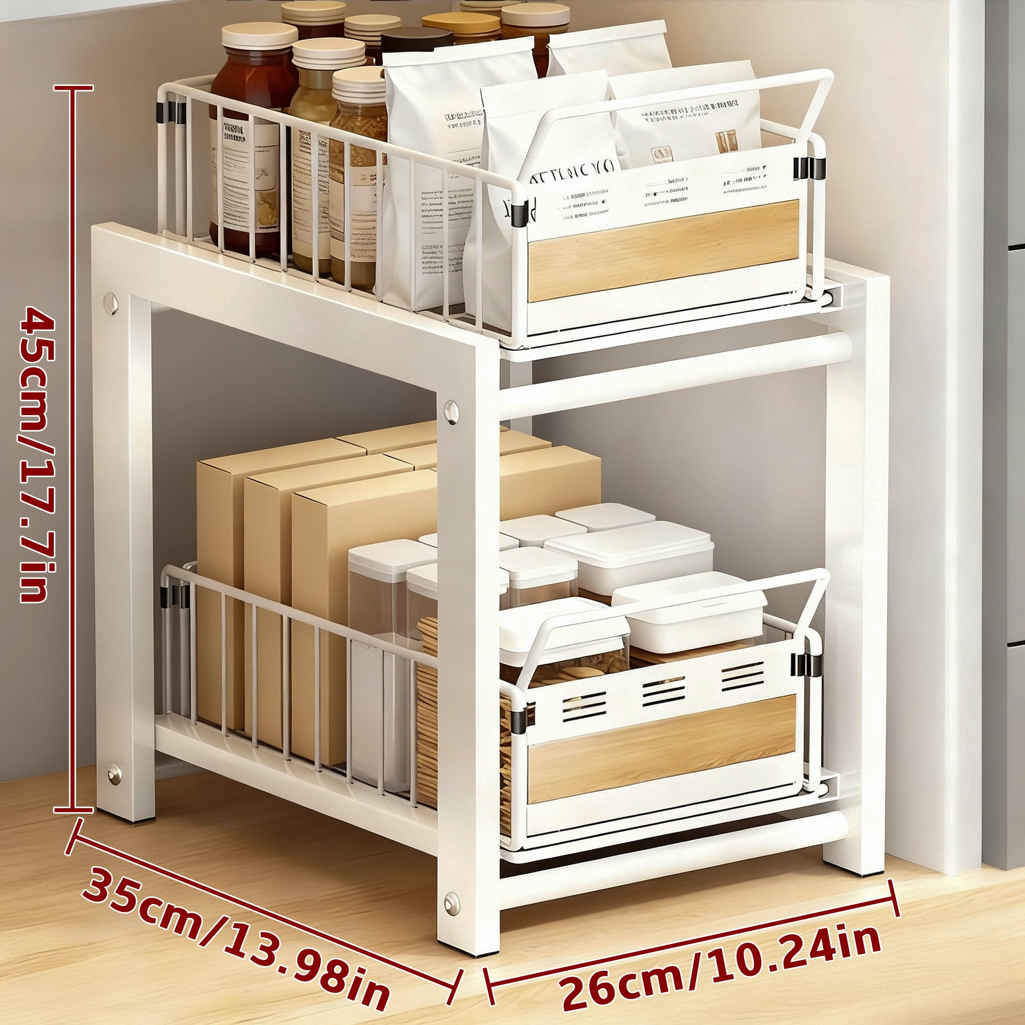 2-Tier Metal Under Sink Storage, Multi-Purpose Pull Out Cabinet Organizer, White Double Sliding Basket Organizer for Kitchen, Bathroom,