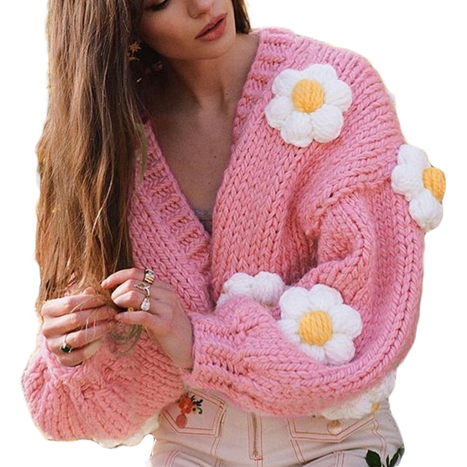 Women Knitted Cardigan, Pink Floral 