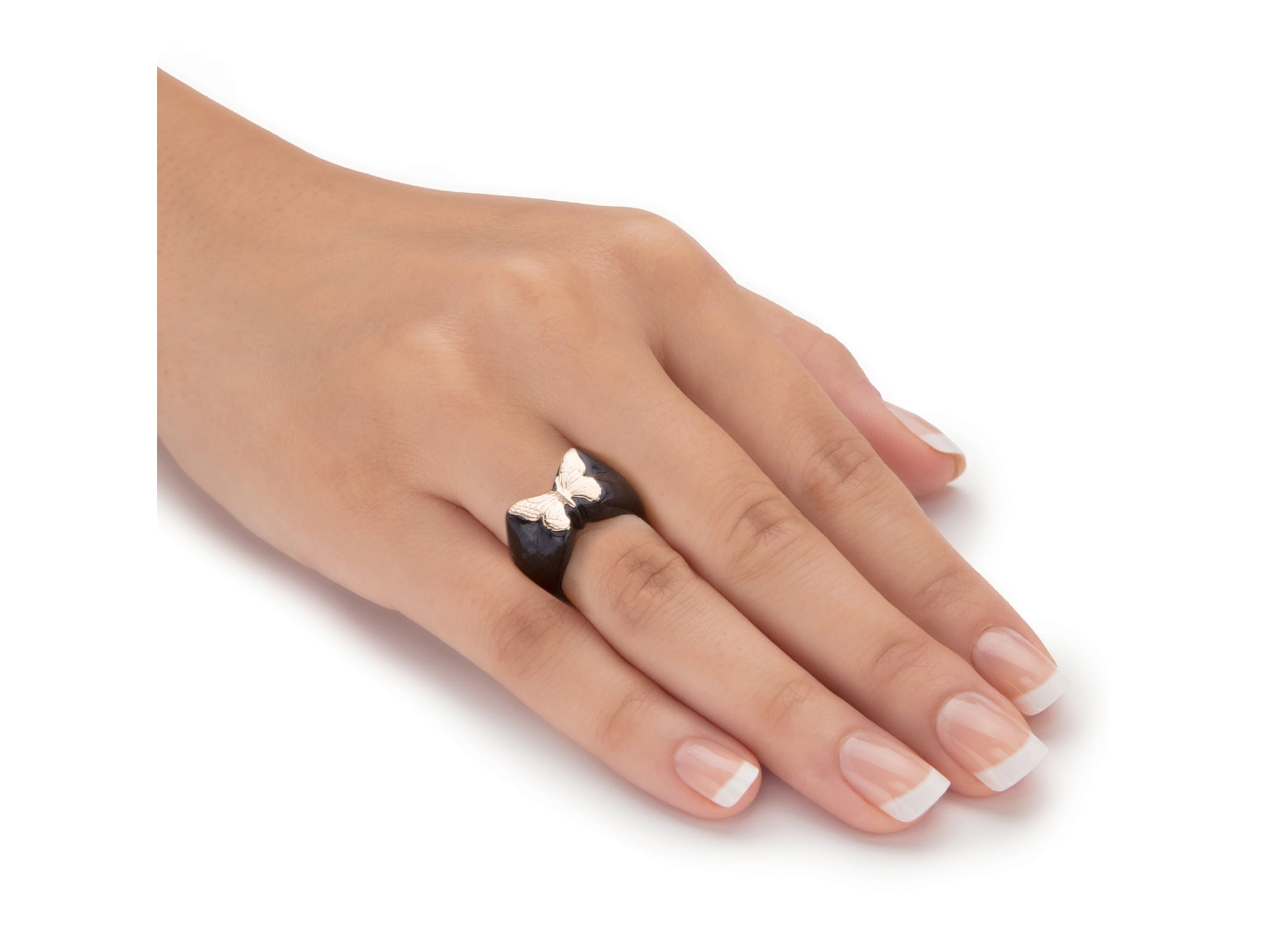 PalmBeach Jewelry Genuine Green or Black Jade Yellow Gold Butterfly Ring