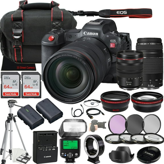 Canon EOS R5 C Mirrorless Cinema Camera w/RF 24-105mm f/4 L IS USM Lens   EF 75-300mm f/4-5.6 III Lens   2X 64GB Memory   Filters   TTL Flash   More (35pc Bundle)