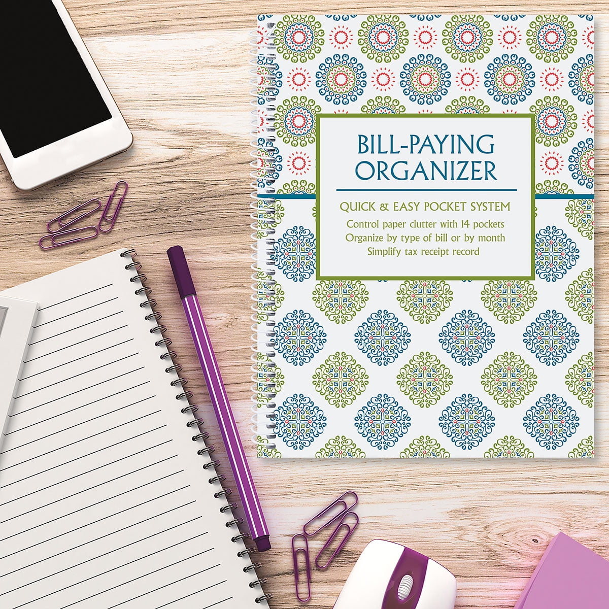Bill Tracking Receipt Storage 14 Pocket Pages Navy Blossoms Bill Paying Organizer Large 9 by 12 inch Spiral-Bound 32 Label Stickers 