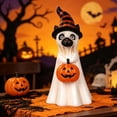thumbnail image 5 of Homellea Halloween Ghost Cat Figurine, 7.87 Inch White Resin Cat Statue with Witch Hat and Jack O Lantern Pumpkin Bucket for Tabletop, Shelf, Mantel, Bar, Home and Party Decor, 5 of 6