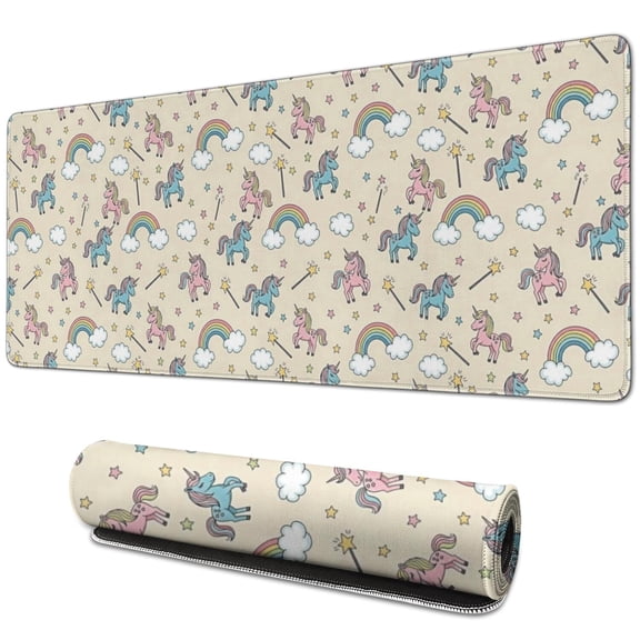 Long Mouse Pads for Desk,Cartoon Unicorn Rainbow Star Magic Wand Cloud Desk Mats on Top Of Desks, Desk Mouse Pad Extra Large with 3mm Non-Slip Base and Stitched Edge for Gaming,Work,Home 31.5"x11.8"