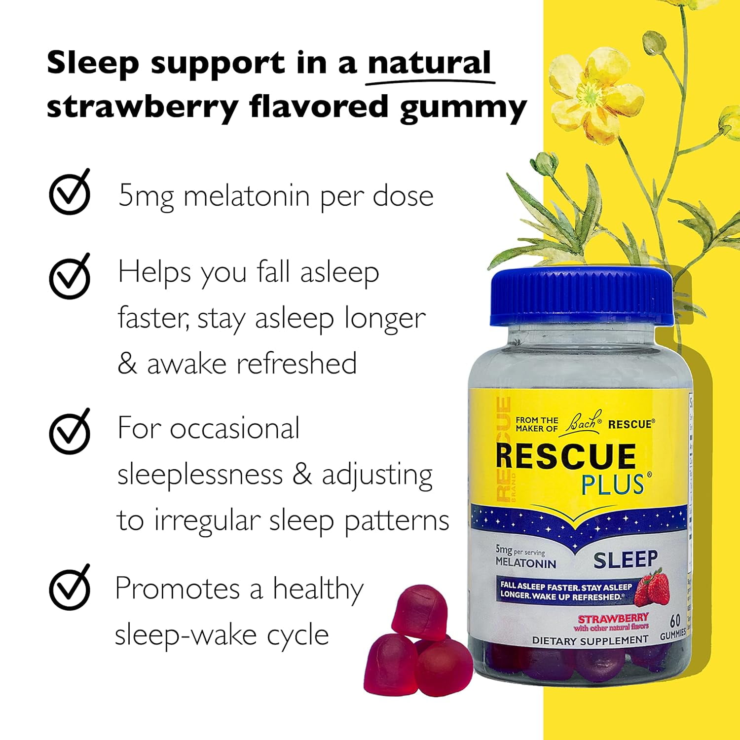 Bach RESCUE PLUS Melatonin Sleep Gummies, Natural Strawberry Flavor, Sleep Aid, Dietary Supplement, Vegan, Gluten-Free, No Artificial Flavors, Colors or Sweeteners, 3 Pack, 180 Count Total