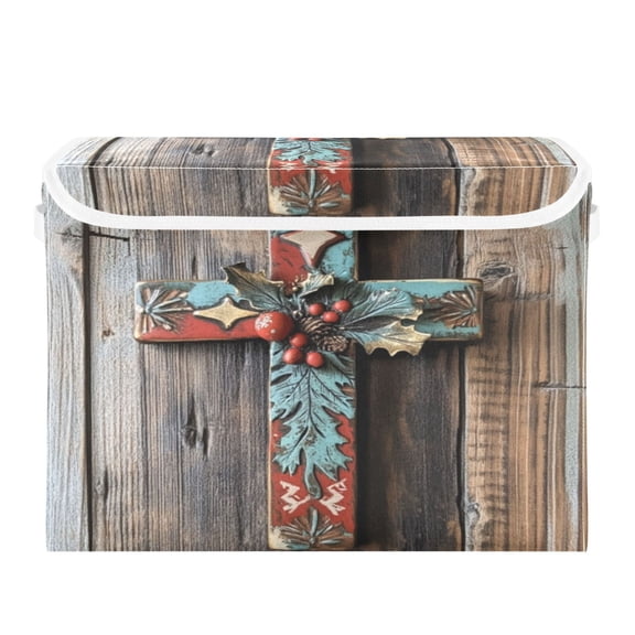 Storage Box With Lid 16.5x12.6x11.8In Foldable Stacked Household Storage Box Christmas Colored Crosses
