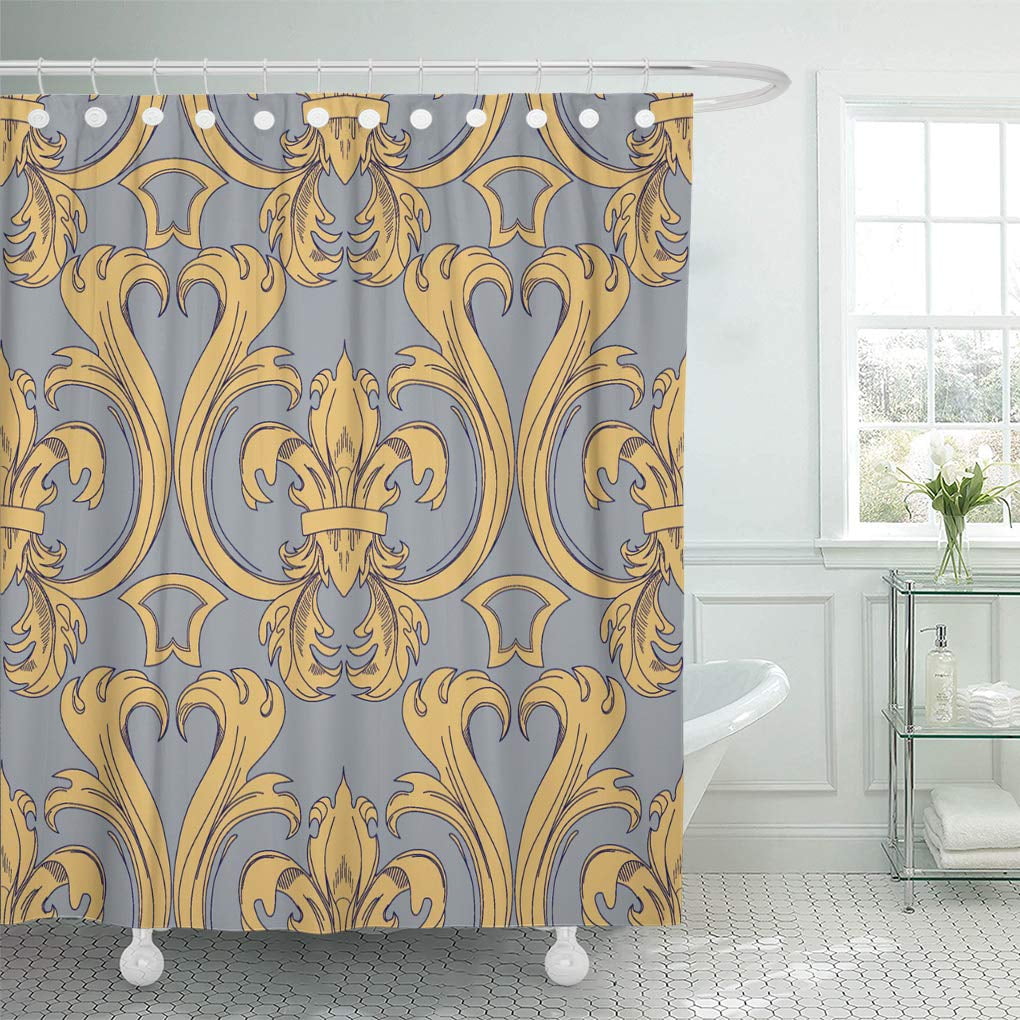SUTTOM Antique Fleur De Lis in Grey and Gold Color Shower Curtain 60x72