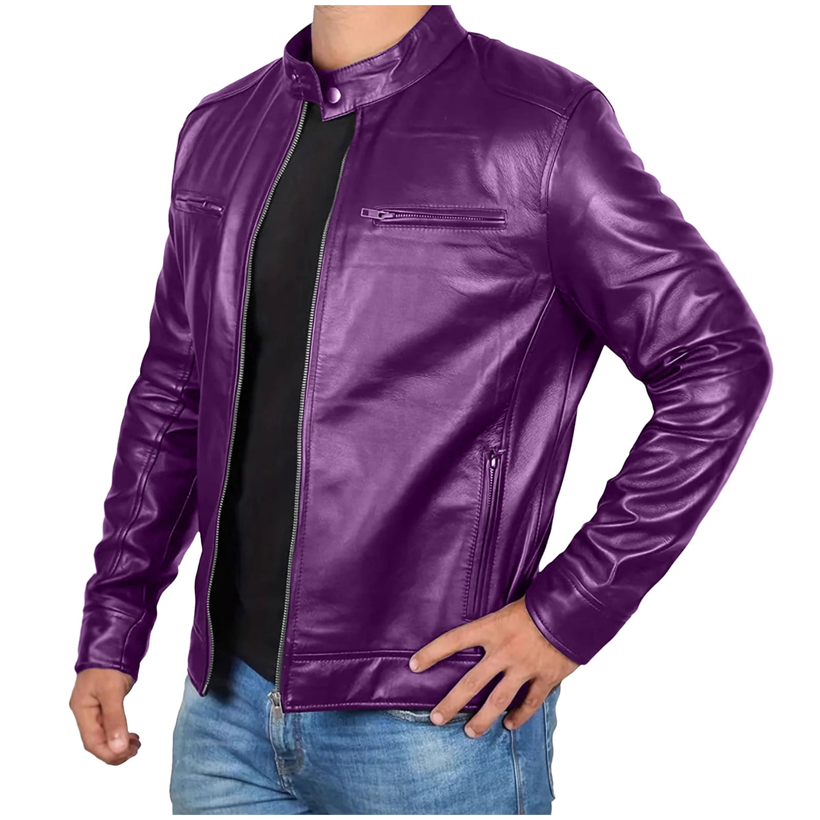 USNSM (S-5XL) Big and Tall Men's Faux Leather Jacket Stand Collar Motorcycle Leather Jackets Casual Lightweight Zip Up Biker Coat Purple XXXXL