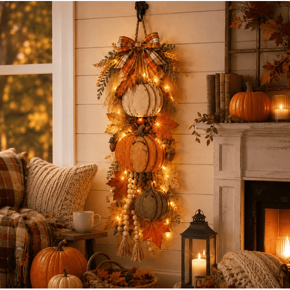 2026 New Rustic Wooden Pumpkin Door Hanging with Warm LED Lights, Farmhouse Fall Harvest Decor, Lighted Pumpkin Hanging Ornament for Front Door